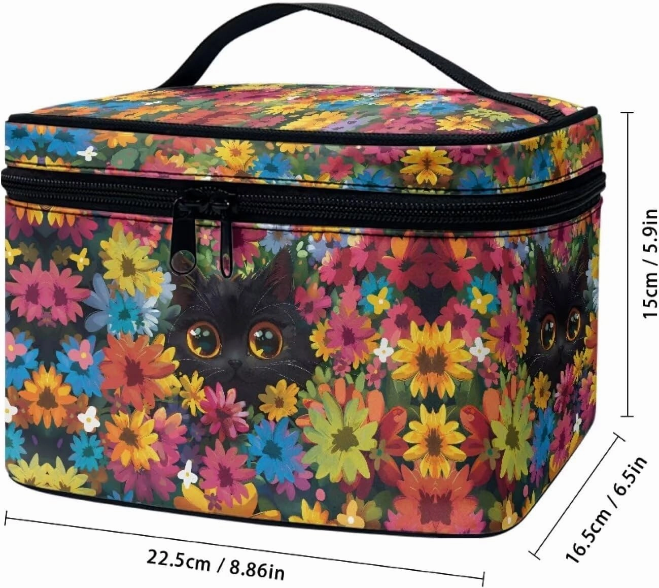 Black Cat Colorful Flowers Pattern Travel Makeup Bag for Women Large Capacity Cosmetic Bag with Zipper and Handle Portable Toiletry Bag Make Up Organizers