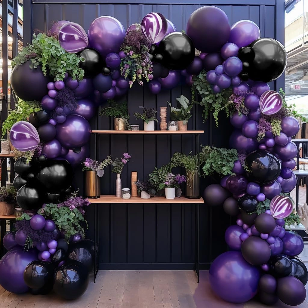 Black Purple Balloon Garland Double Stuffed Dark Purple Black Balloons Different Sizes Mardi Gras Balloon Arch for Graduation Birthday Baby Shower Anniversary Vampire Party Decorations