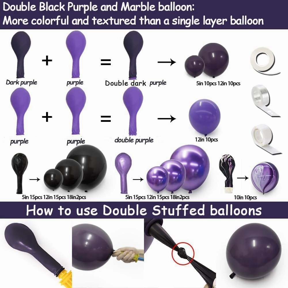 Black Purple Balloon Garland Double Stuffed Dark Purple Black Balloons Different Sizes Mardi Gras Balloon Arch for Graduation Birthday Baby Shower Anniversary Vampire Party Decorations