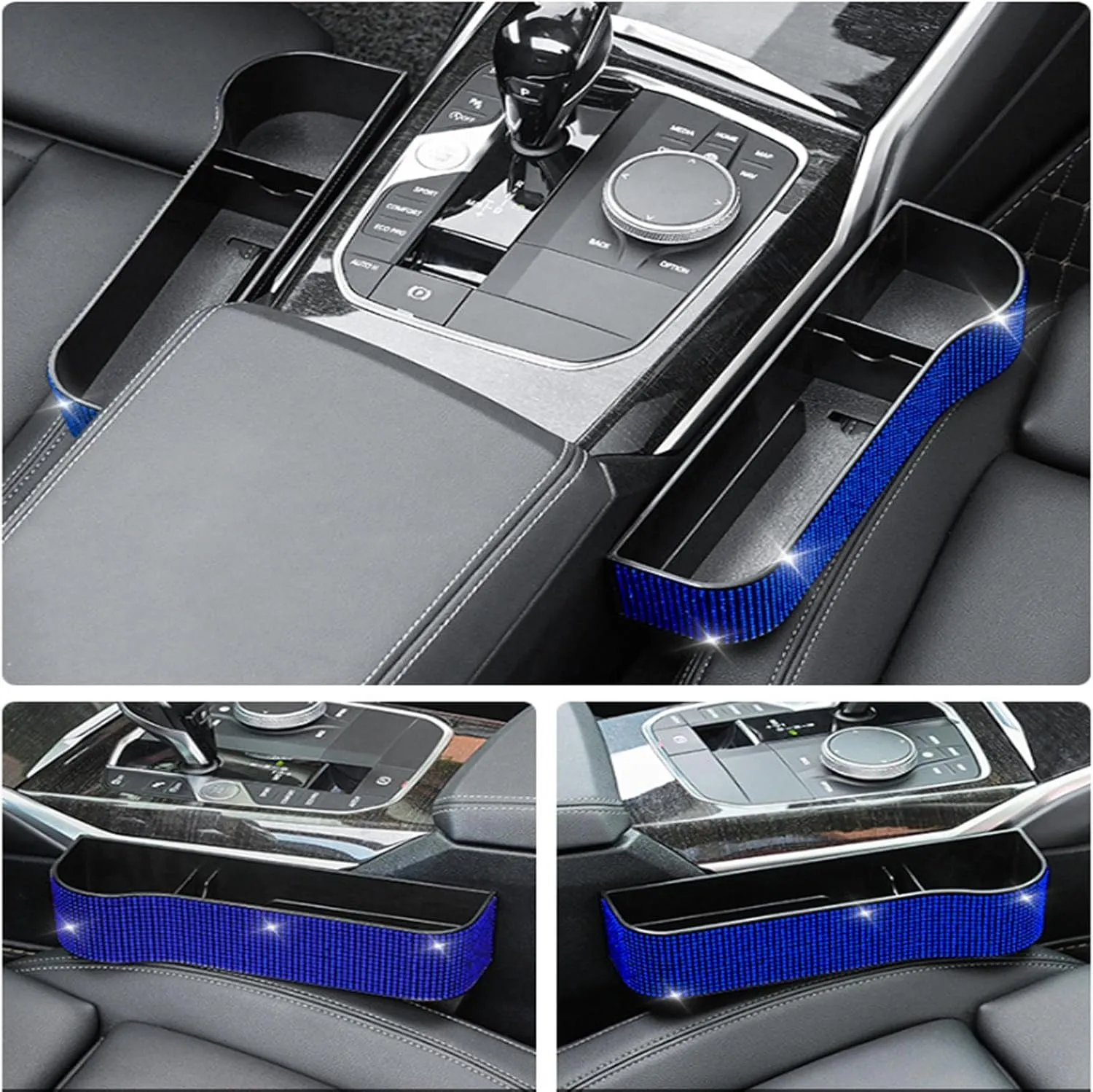 Bling Bling Car Seat Gap Filler, Car Seat Console Pockets Organizer Caddy Catcher, Crystal Auto Console Side Pouchs for Cellphone Wallet Coin Key Credit Card (Driver side & Passenger side-Blue)