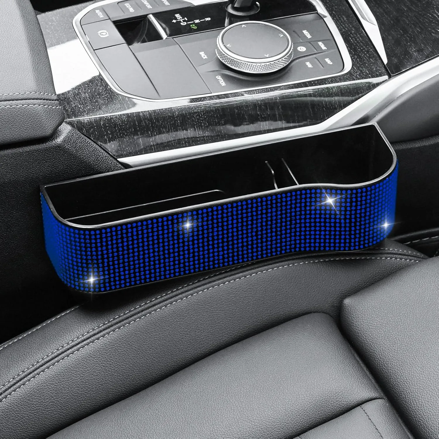 Bling Bling Car Seat Gap Filler, Car Seat Console Pockets Organizer Caddy Catcher, Crystal Auto Console Side Pouchs for Cellphone Wallet Coin Key Credit Card (Driver side & Passenger side-Blue)
