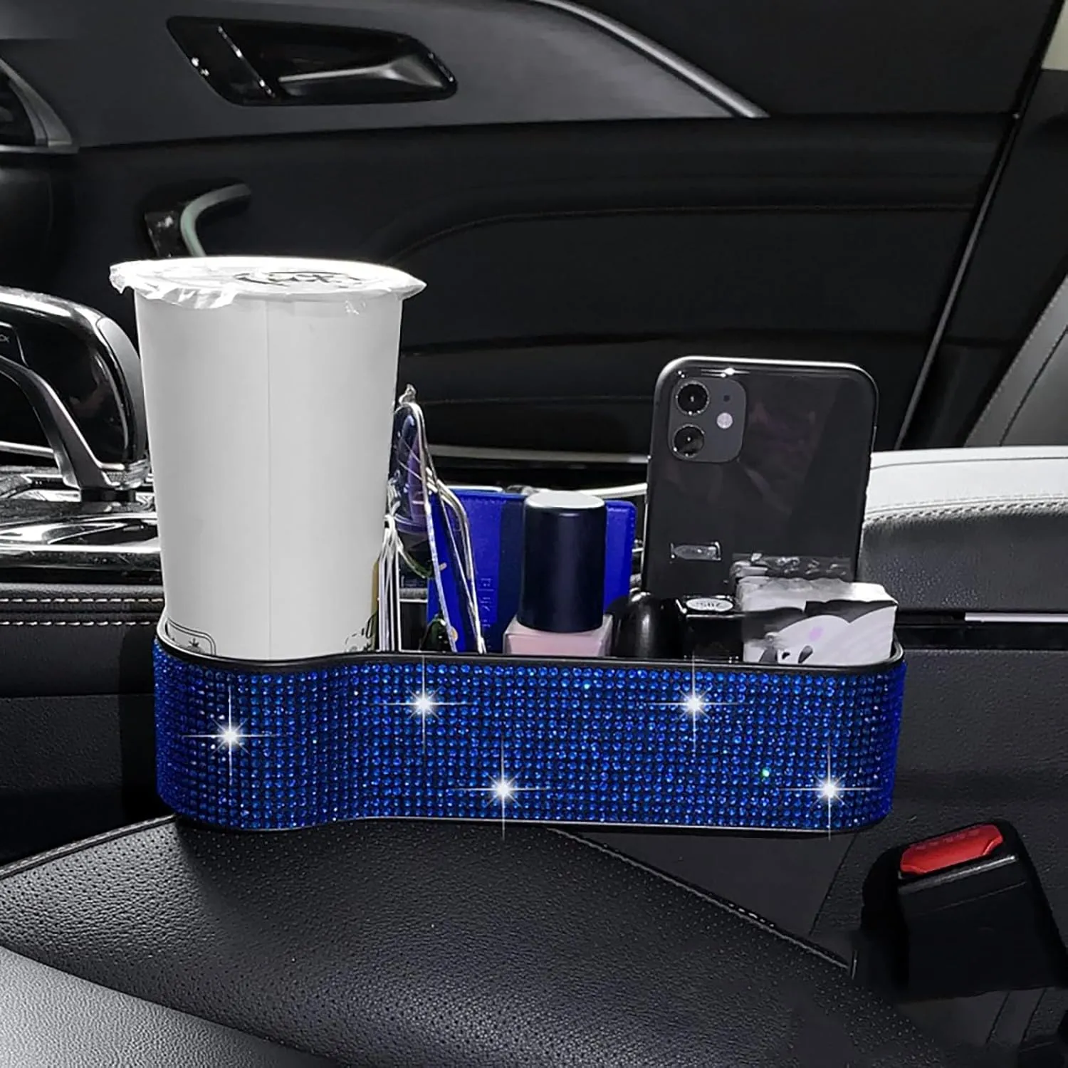 Bling Bling Car Seat Gap Filler, Car Seat Console Pockets Organizer Caddy Catcher, Crystal Auto Console Side Pouchs for Cellphone Wallet Coin Key Credit Card (Driver side & Passenger side-Blue)