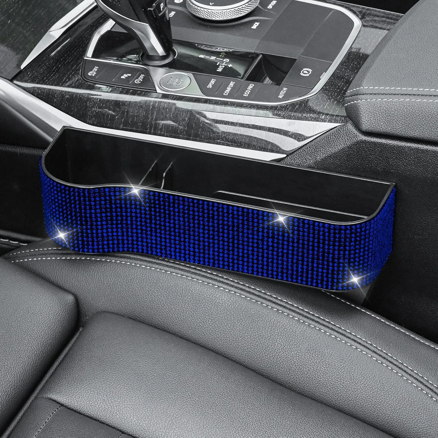Bling Bling Car Seat Gap Filler, Car Seat Console Pockets Organizer Caddy Catcher, Crystal Auto Console Side Pouchs for Cellphone Wallet Coin Key Credit Card (Driver side & Passenger side-Blue)