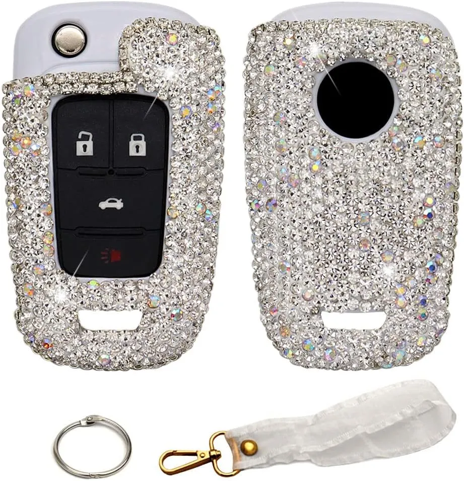 Bling Key Fob Cover Compatible with Chevrolet Chevy Equinox Sonic, GMC Terrain, Buick Lacrosse Encore Luxury Shiny Crystal Rhinestone Diamond Protective Case Cover