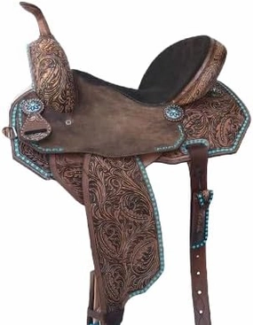 BNB International Western Barrel Racing Wooden Tree Horse Saddle Handmade Premium Leather Comfort Horse Trail Equestrian Tooled Carved Horse Saddle Riding Size: 10-18 inch MO18
