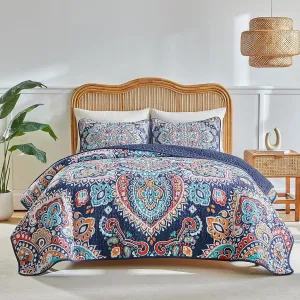 Boho Quilt Set King Size - Reversible Summer Bohemian Quilt Bedding Set, 3 Pieces Colorful Lightweight Microfiber Bedspread Navy Blue Orange Paisley Coverlet Set with 2 Pillow Shams for All Seasons