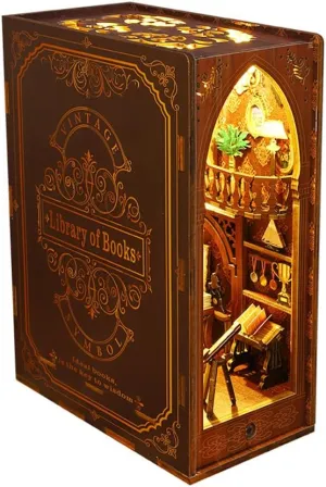 Book Nook Miniature Kit DIY Wooden Dollhouse 3D Wooden Puzzle Bookend Library for Bookshelf Decor Crafts for Adults Building Model Kit with Sensor Light