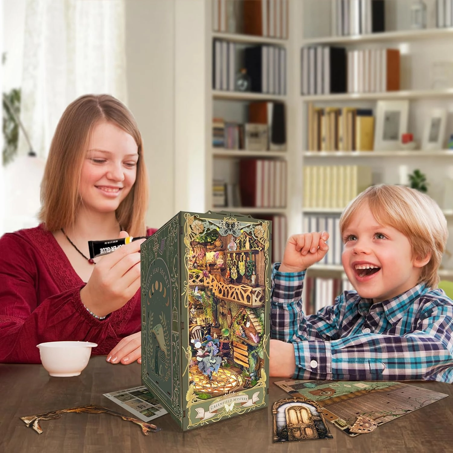 Book Nook with LED Light - 3D Puzzles for Adults, DIY Miniature House Kit, Exquisite Bookshelf Decor, Book Shelf Decor, Perfect, Dollhouse Book Nooks-Secret Greenery (SQ-15)