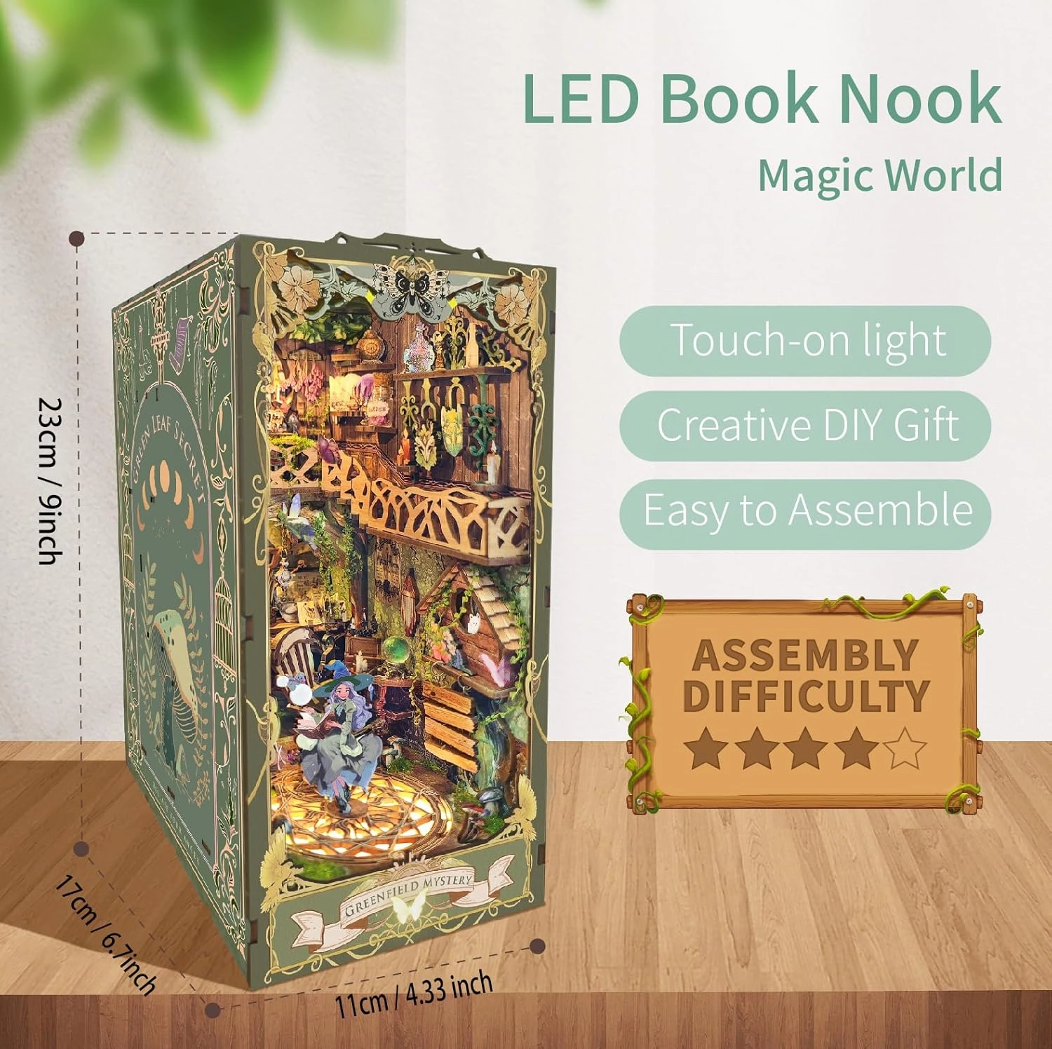 Book Nook with LED Light - 3D Puzzles for Adults, DIY Miniature House Kit, Exquisite Bookshelf Decor, Book Shelf Decor, Perfect, Dollhouse Book Nooks-Secret Greenery (SQ-15)