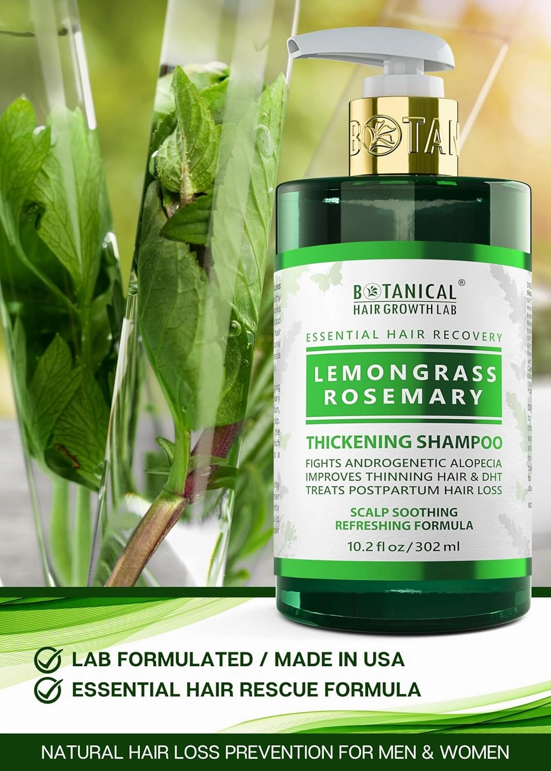 Botanical Hair Growth Rosemary Shampoo with Saw Palmetto Hair Thickening Anti-Thinning Scalp Stimulating Natural Anti-Hair Loss Products For Women & Men 10.2 Fl Oz