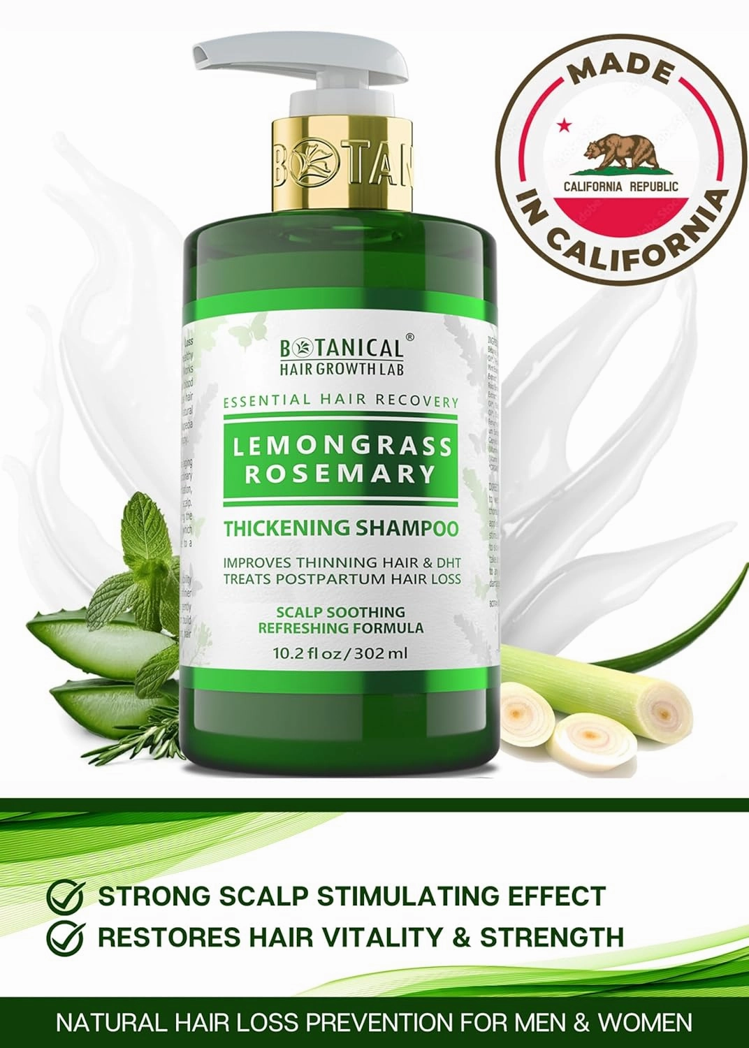 Botanical Hair Growth Rosemary Shampoo with Saw Palmetto Hair Thickening Anti-Thinning Scalp Stimulating Natural Anti-Hair Loss Products For Women & Men 10.2 Fl Oz