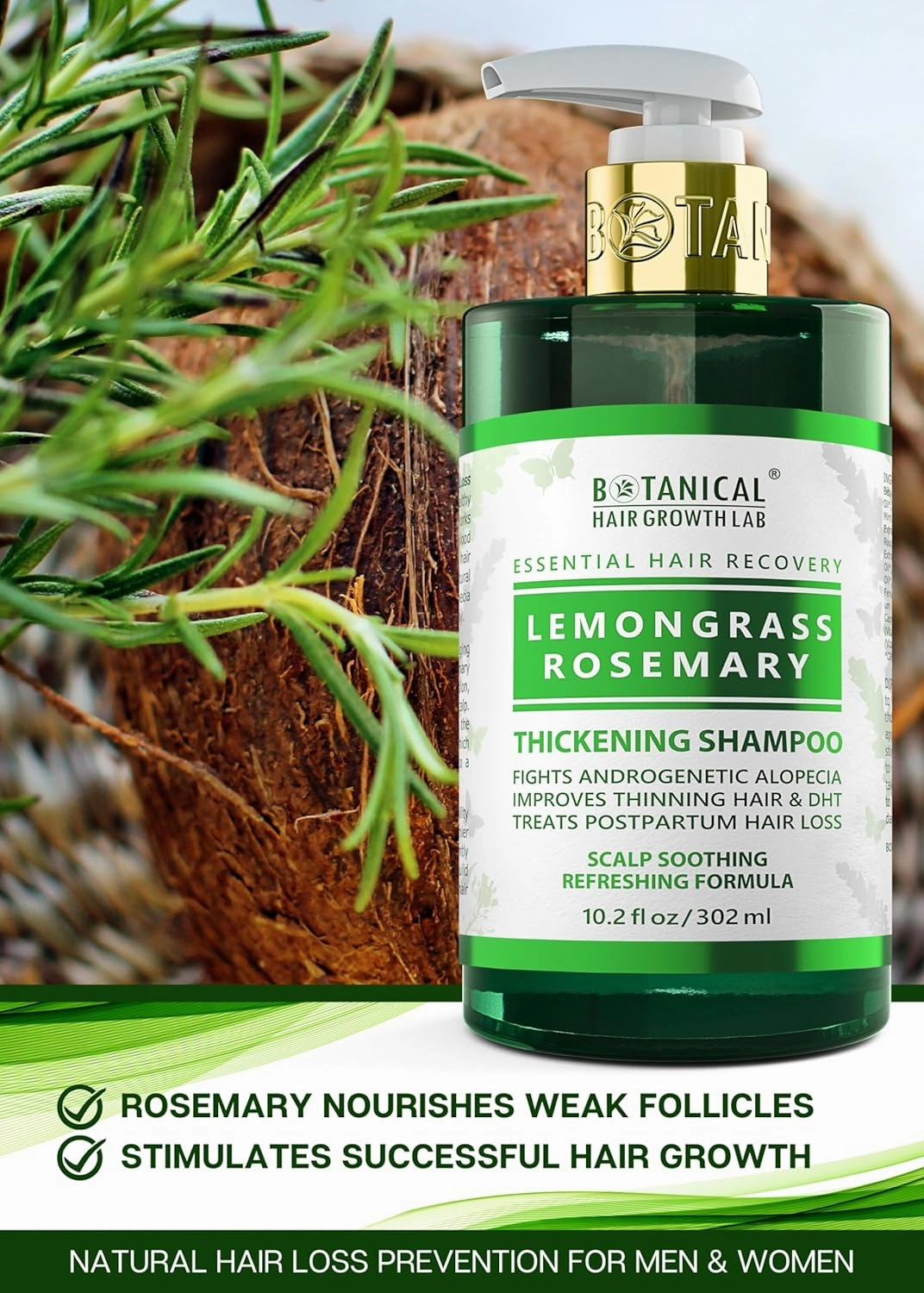 Botanical Hair Growth Rosemary Shampoo with Saw Palmetto Hair Thickening Anti-Thinning Scalp Stimulating Natural Anti-Hair Loss Products For Women & Men 10.2 Fl Oz