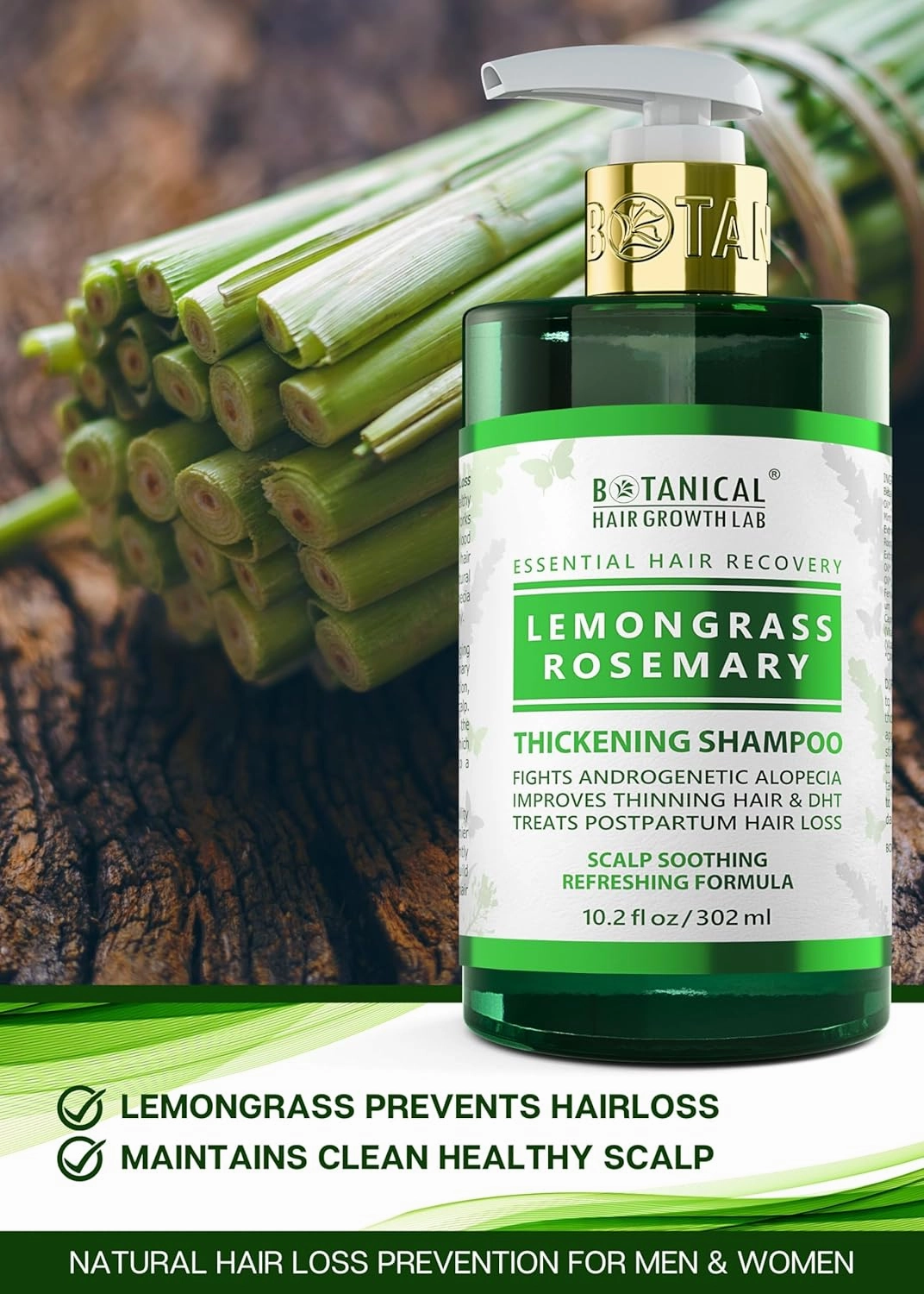 Botanical Hair Growth Rosemary Shampoo with Saw Palmetto Hair Thickening Anti-Thinning Scalp Stimulating Natural Anti-Hair Loss Products For Women & Men 10.2 Fl Oz