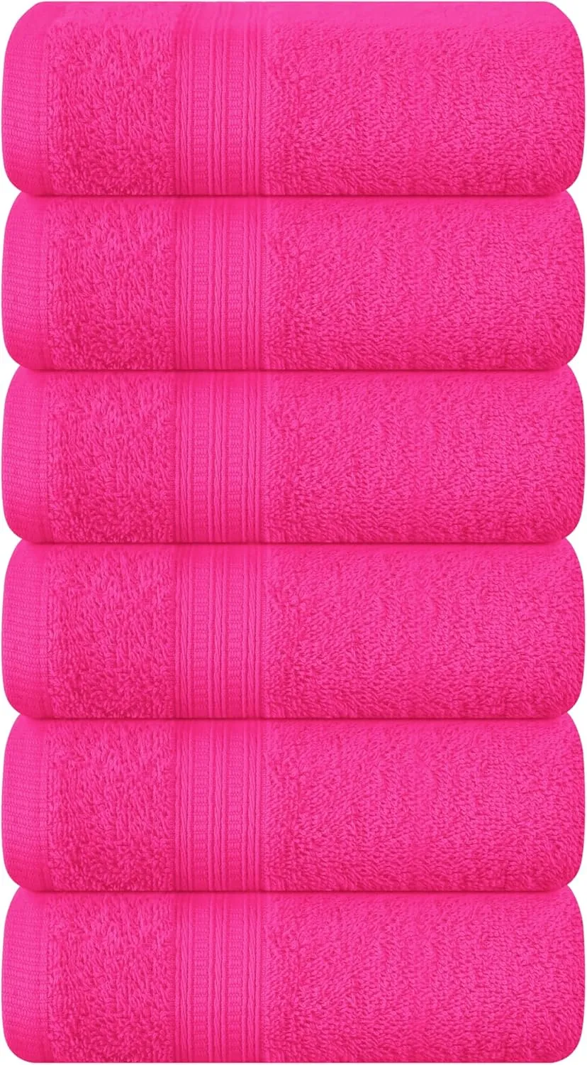BOUTIQUO Ultra Soft Cotton 6 -Piece Hand Towel Set 16x24 Inch, Ideal for use in Bathroom, Kitchen, Gym, Spa & General Cleaning, Compact & Lightweight Multi Purpose Hand Towels - Hot Pink