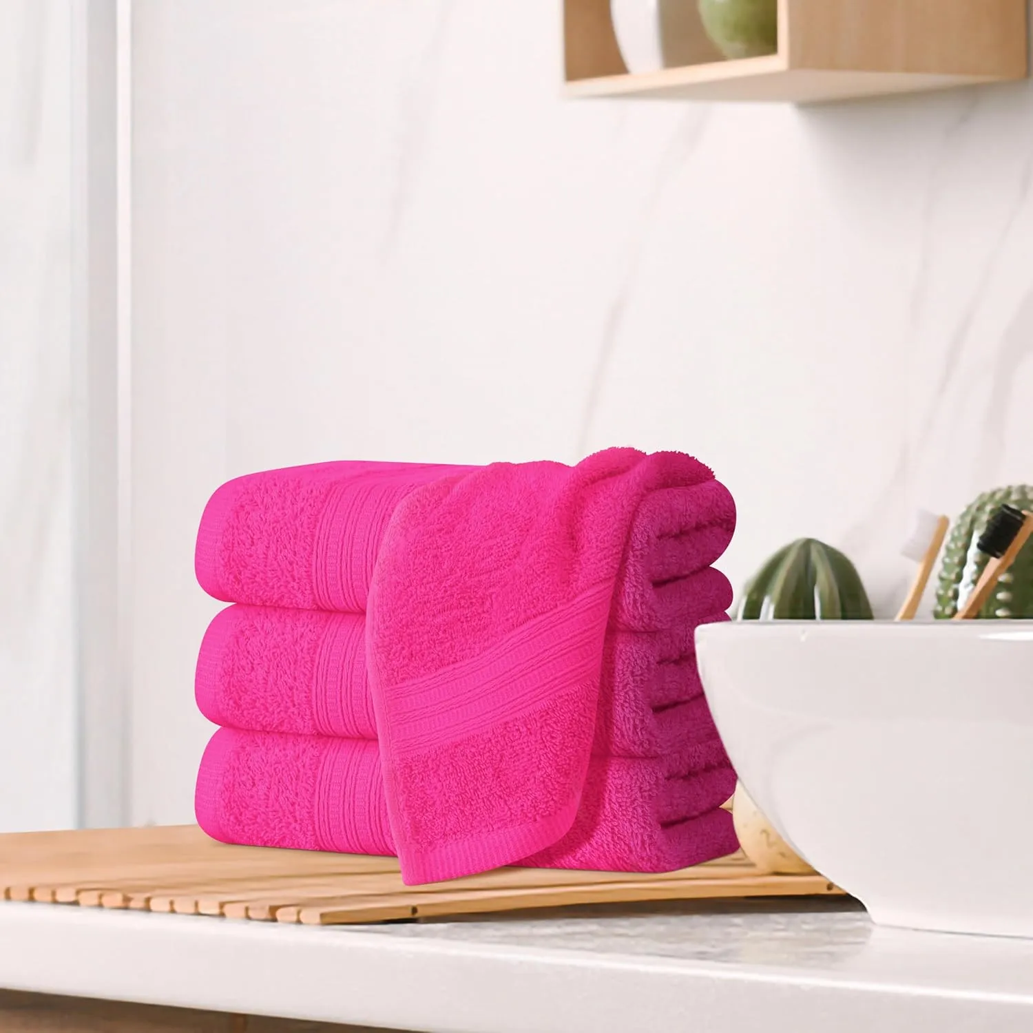 BOUTIQUO Ultra Soft Cotton 6 -Piece Hand Towel Set 16x24 Inch, Ideal for use in Bathroom, Kitchen, Gym, Spa & General Cleaning, Compact & Lightweight Multi Purpose Hand Towels - Hot Pink