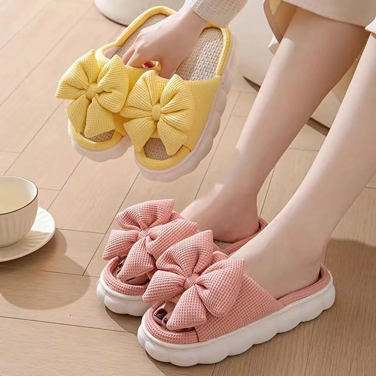 Bow shaped slippers cute women's summer home open toe linen slippers