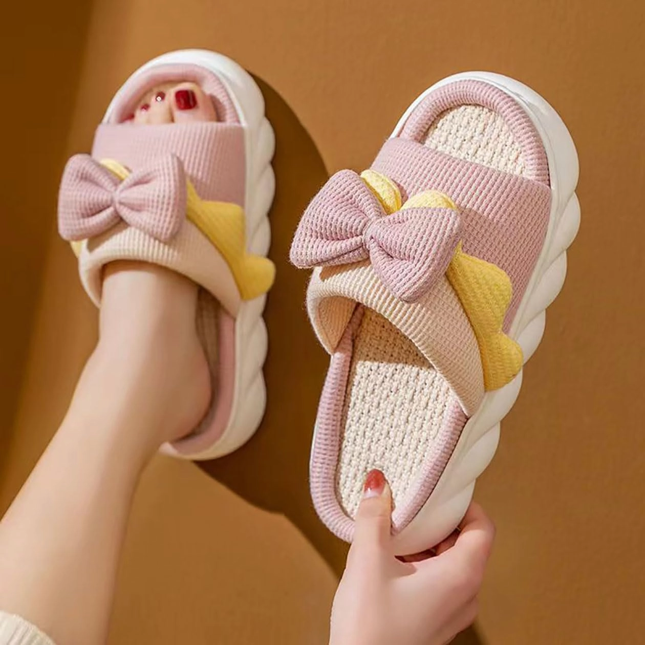 Bow shaped slippers cute women's summer home open toe linen slippers