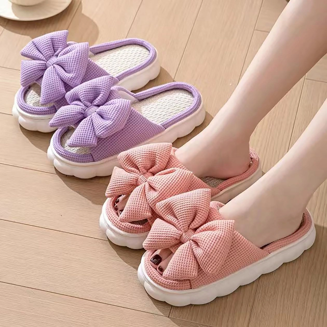 Bow shaped slippers cute women's summer home open toe linen slippers