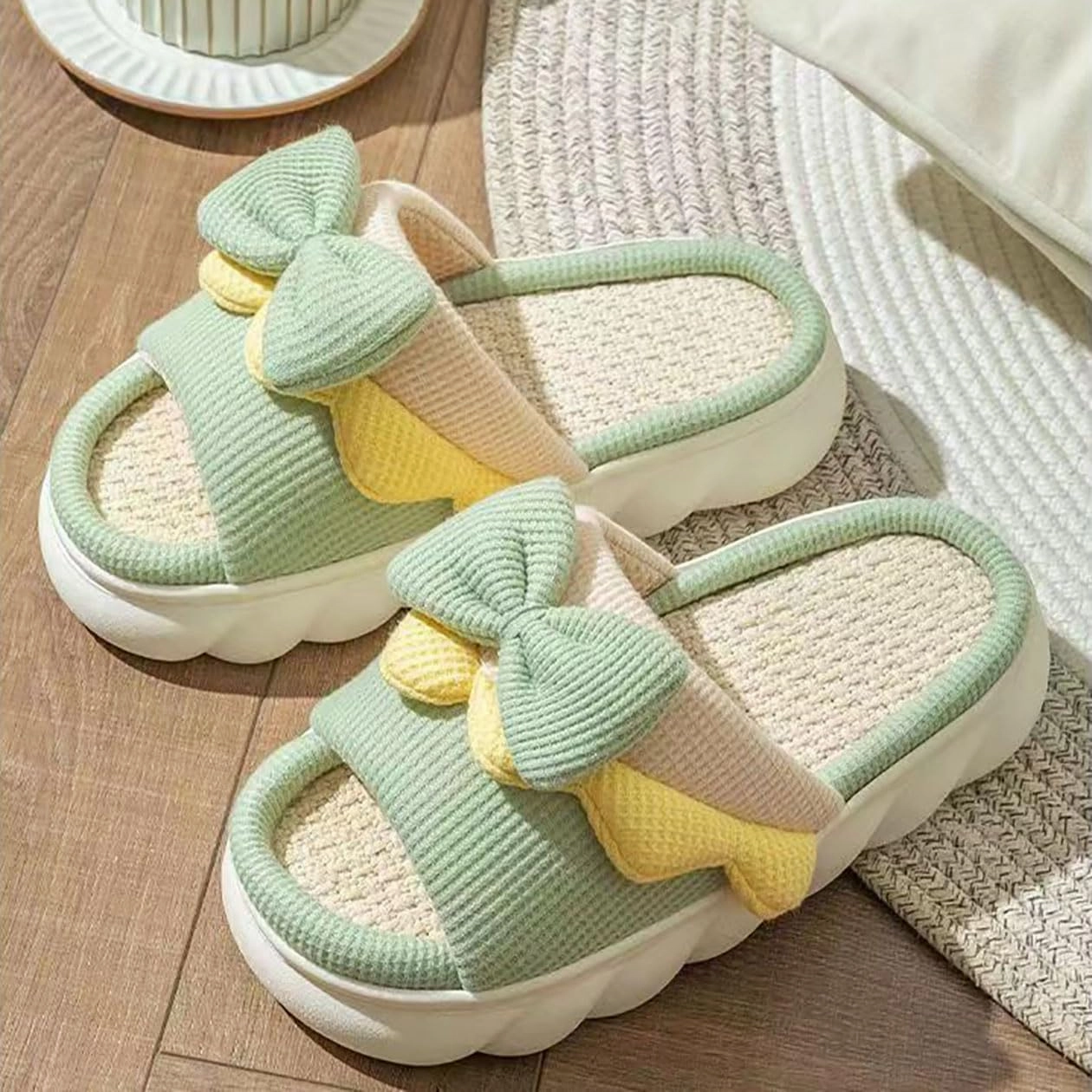 Bow shaped slippers cute women's summer home open toe linen slippers