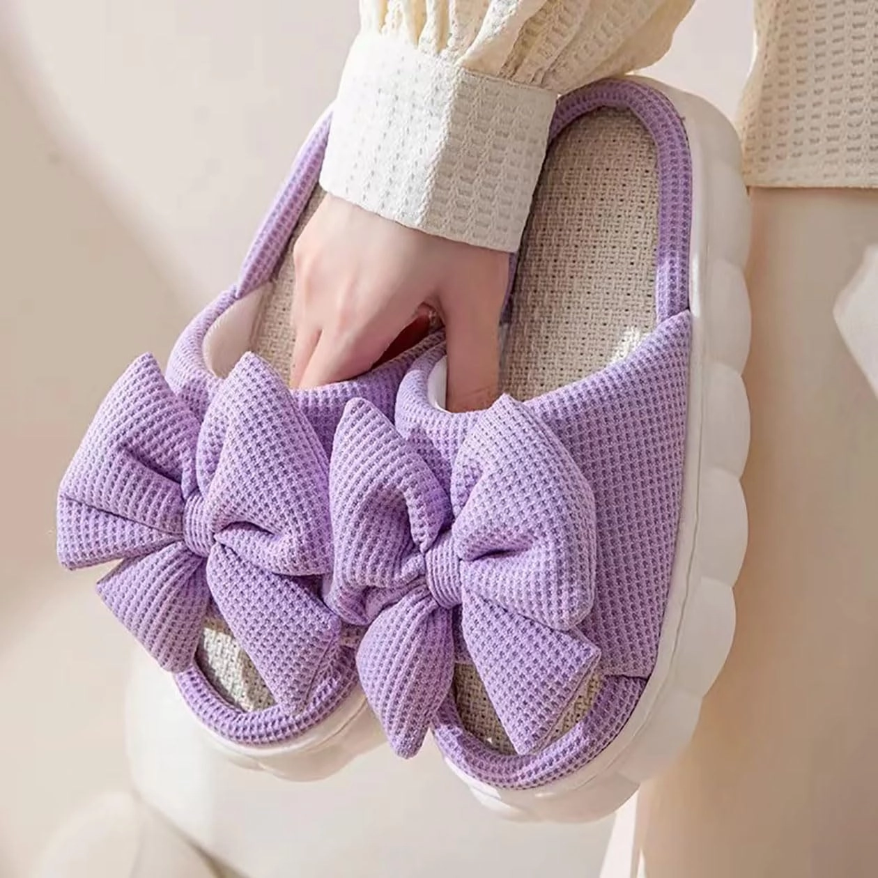 Bow shaped slippers cute women's summer home open toe linen slippers