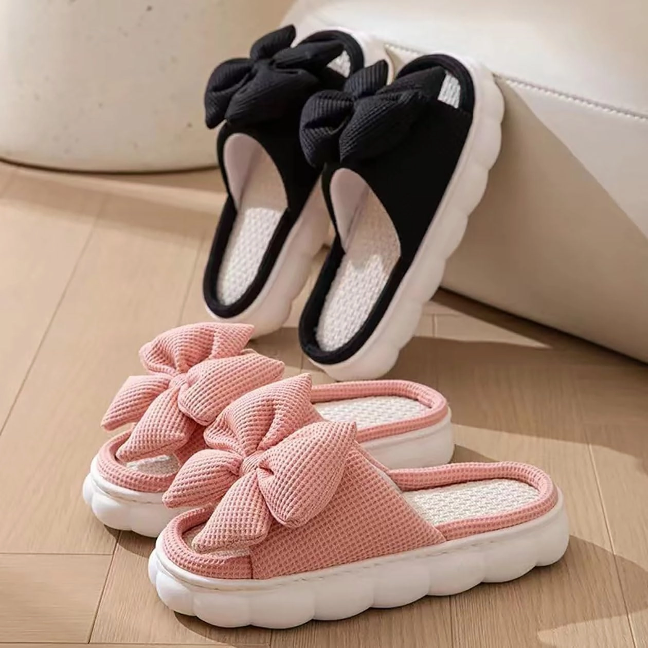 Bow shaped slippers cute women's summer home open toe linen slippers