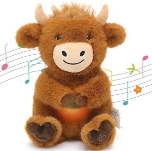 Breathing Highland Cow Stuffed Animal with Light & Sound, Soothing Brown Cow Plush Doll Realistic Farm Animal Toys for Sleeping, Comforting Birthday for Kids Baby