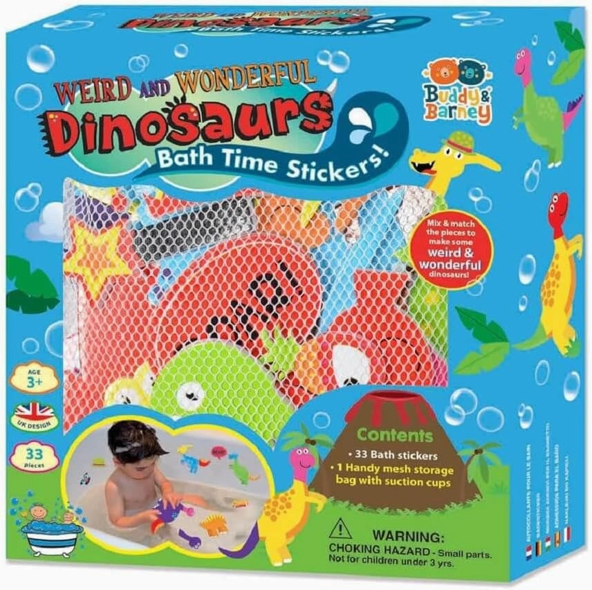 Buddy & Barney: Weird & Wonderful Dinosaurs Bath Time Stickers - 33 Reusable Foam Stickers, Mesh Storage Bag, Mix & Match, Tub Water Toy, Kids Age 3 
