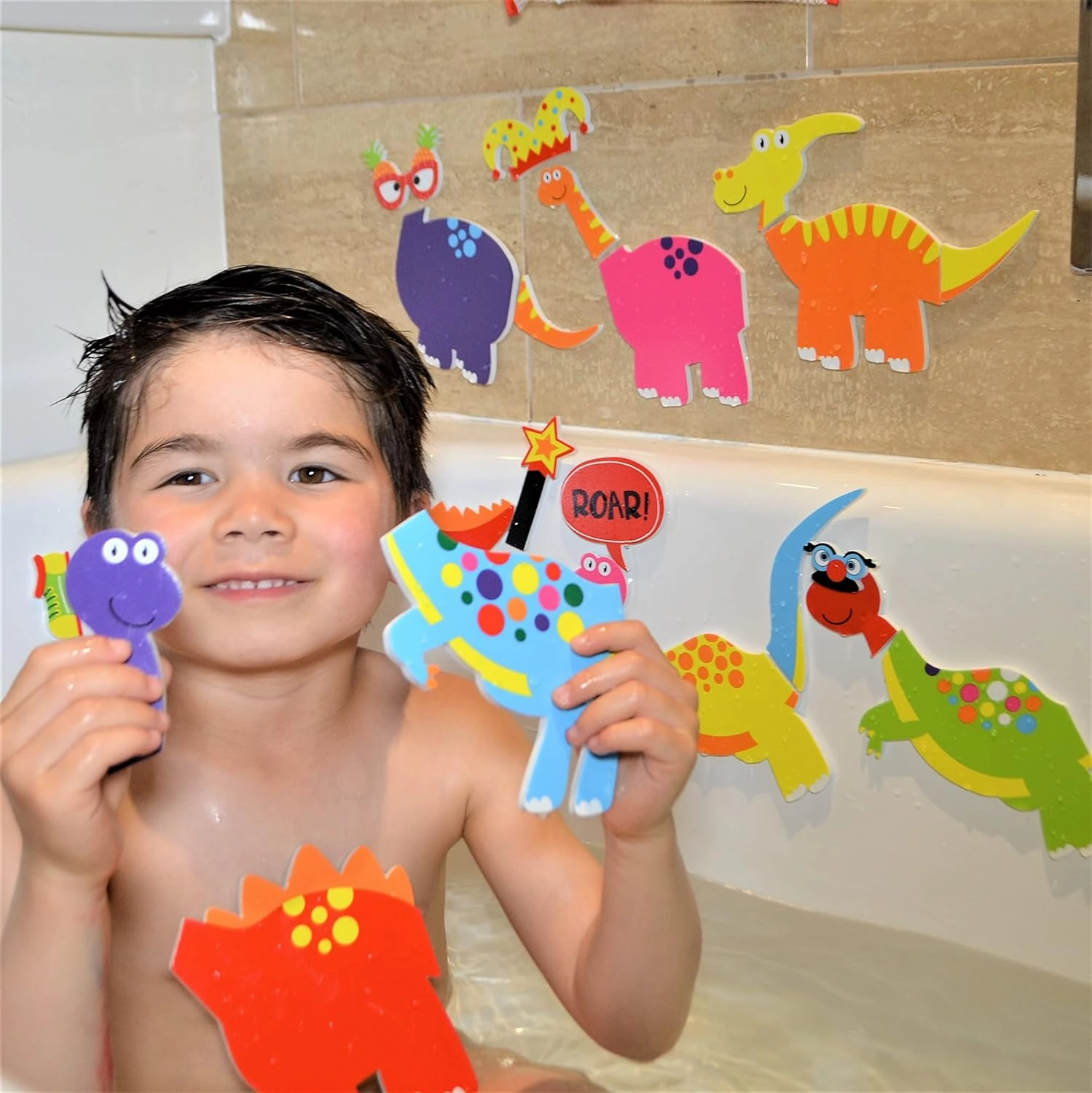 Buddy & Barney: Weird & Wonderful Dinosaurs Bath Time Stickers - 33 Reusable Foam Stickers, Mesh Storage Bag, Mix & Match, Tub Water Toy, Kids Age 3 