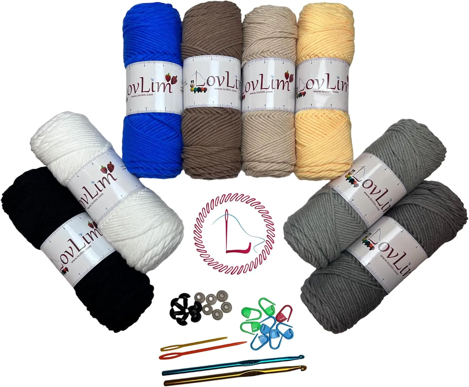 Bulky 5 Milk Cotton Yarn, 8x100g Soft Yarn Skeins, 1000  Yards, Crochet,Knitting and Amigurumi, Free Patterns, Needles, Accessories, Bag, Ideal Starter Kit for Kids Adults Beginner Experts