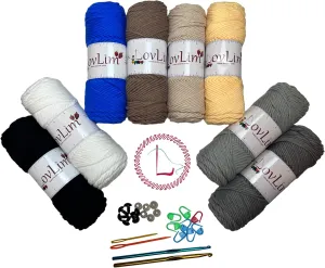 Bulky 5 Milk Cotton Yarn, 8x100g Soft Yarn Skeins, 1000  Yards, Crochet,Knitting and Amigurumi, Free Patterns, Needles, Accessories, Bag, Ideal Starter Kit for Kids Adults Beginner Experts