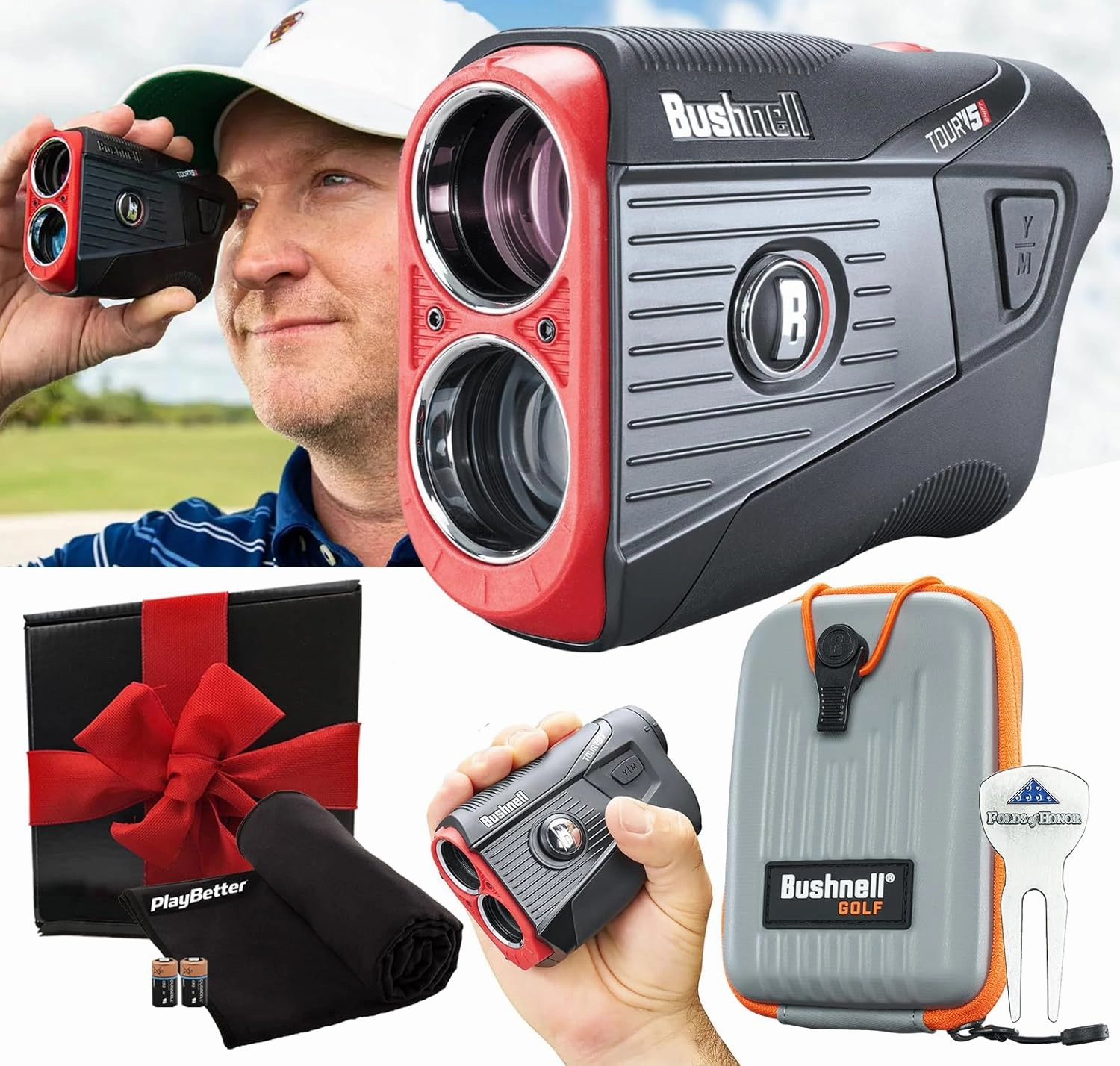 Bushnell Tour V5 Golf Laser Rangefinder Patriot Pack PlayBetter Bundle | with Carrying Case, Divot Tool, PlayBetter Microfiber Towel and Two Batteries | Best Golf Rangefinder | Pinseeker Jolt, 6X Mag | 201901P 201911P