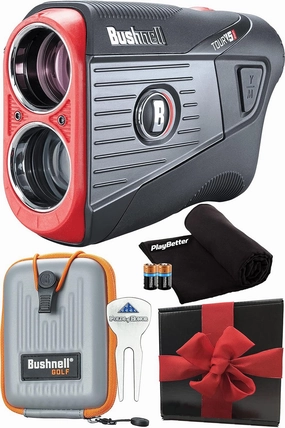 Bushnell Tour V5 Golf Laser Rangefinder Patriot Pack PlayBetter Bundle | with Carrying Case, Divot Tool, PlayBetter Microfiber Towel and Two Batteries | Best Golf Rangefinder | Pinseeker Jolt, 6X Mag | 201901P 201911P