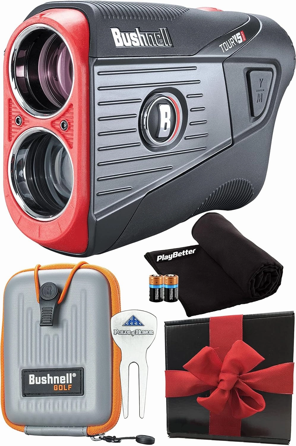 Bushnell Tour V5 Golf Laser Rangefinder Patriot Pack PlayBetter Bundle | with Carrying Case, Divot Tool, PlayBetter Microfiber Towel and Two Batteries | Best Golf Rangefinder | Pinseeker Jolt, 6X Mag | 201901P 201911P
