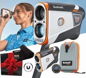 Bushnell Tour V6 Golf Rangefinder Gift Box Bundle - PinSeeker with Visual JOLT, BITE Magnetic Mount - includes PlayBetter Microfiber Towel & Extra CR2 Battery