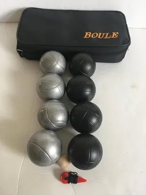 BuyBocceBalls Listing - 73mm Metal Bocce/Petanque Set with 4 Black and 4 Grind Sand Balls and Basic Black Nylon Bag - Single