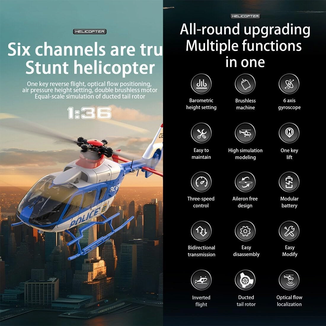 C123 1/36 Scale EC135 RC Helicopter, 2.4G 6CH Single-Rotor Remote Control Helicopter, 6G Mode & 6-Axis Gyro Aircraft Model Gift Toy for Adult - 1 Battery