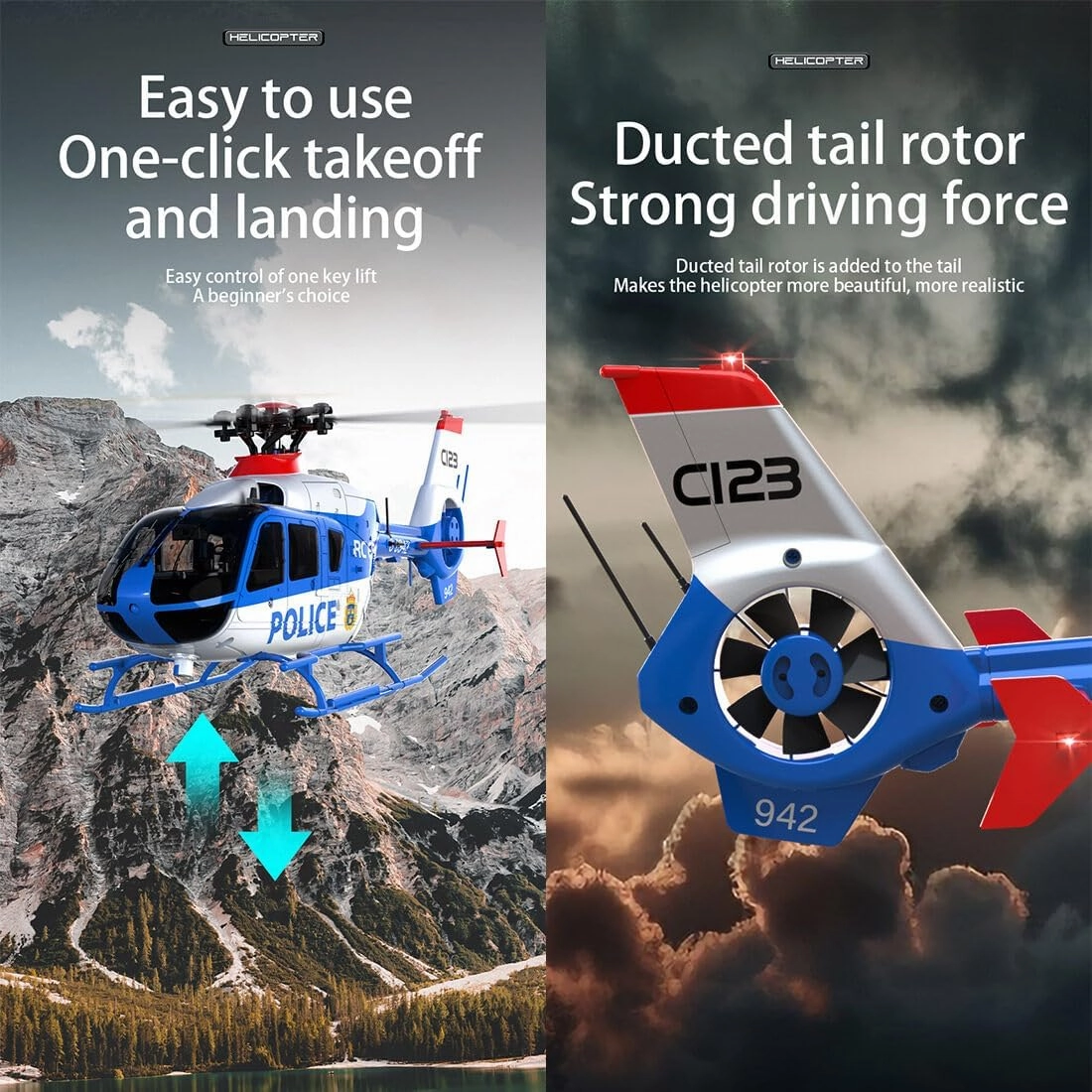C123 1/36 Scale EC135 RC Helicopter, 2.4G 6CH Single-Rotor Remote Control Helicopter, 6G Mode & 6-Axis Gyro Aircraft Model Gift Toy for Adult - 1 Battery