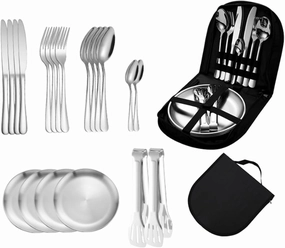 Camping Plates and Utensils, 20-Piece Stainless Steel Camping Cutlery Set Includes Forks, Spoons, Knives, Food Tongs and Plates, Portable Travel Silverware Set with Case for 4 People #