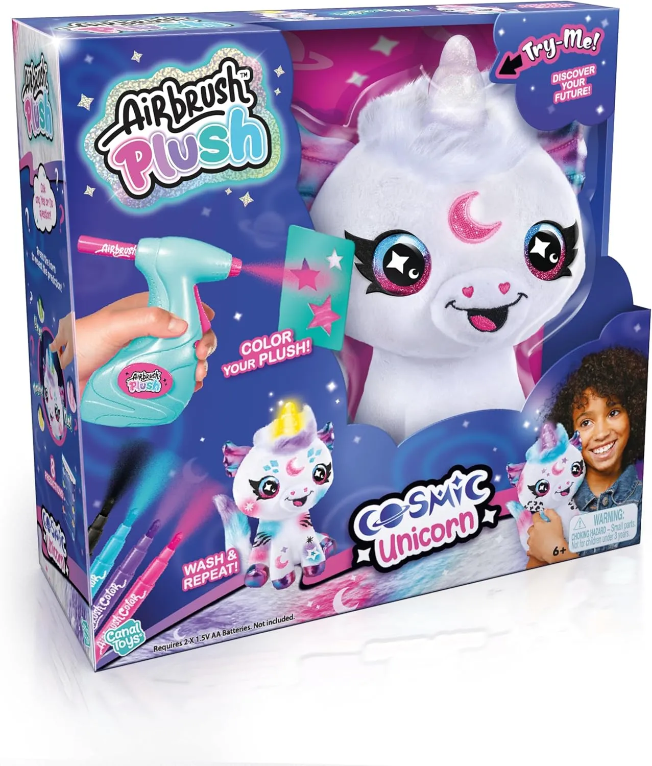 Canal Toys Airbrush Plush Cosmic Light Up Unicorn! Decorate, wash, Repeat! Customize Your own Spray Art Plush. Light up Fortune teller's Horn. Ages 6 