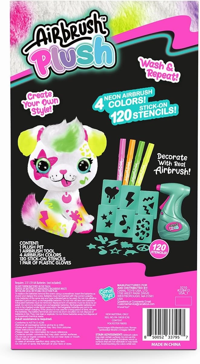 Canal Toys Personalize Airbrush Plush Large Neon Puppy! Decorate, wash, Repeat! Customize Your own Spray Art Plush with Markers, Battery Powered Airbrush and 100  Stencils. Ages 6 