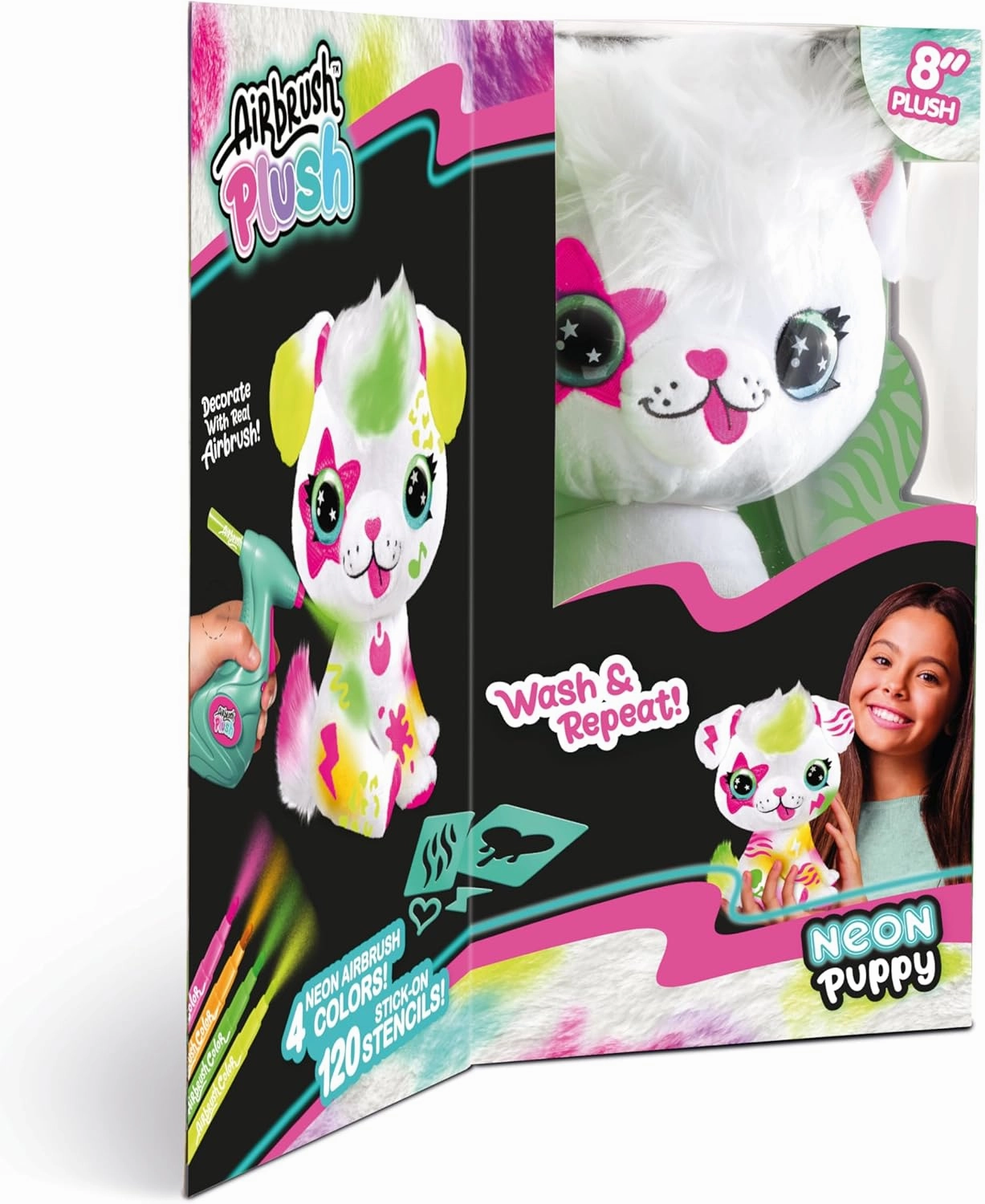 Canal Toys Personalize Airbrush Plush Large Neon Puppy! Decorate, wash, Repeat! Customize Your own Spray Art Plush with Markers, Battery Powered Airbrush and 100  Stencils. Ages 6 