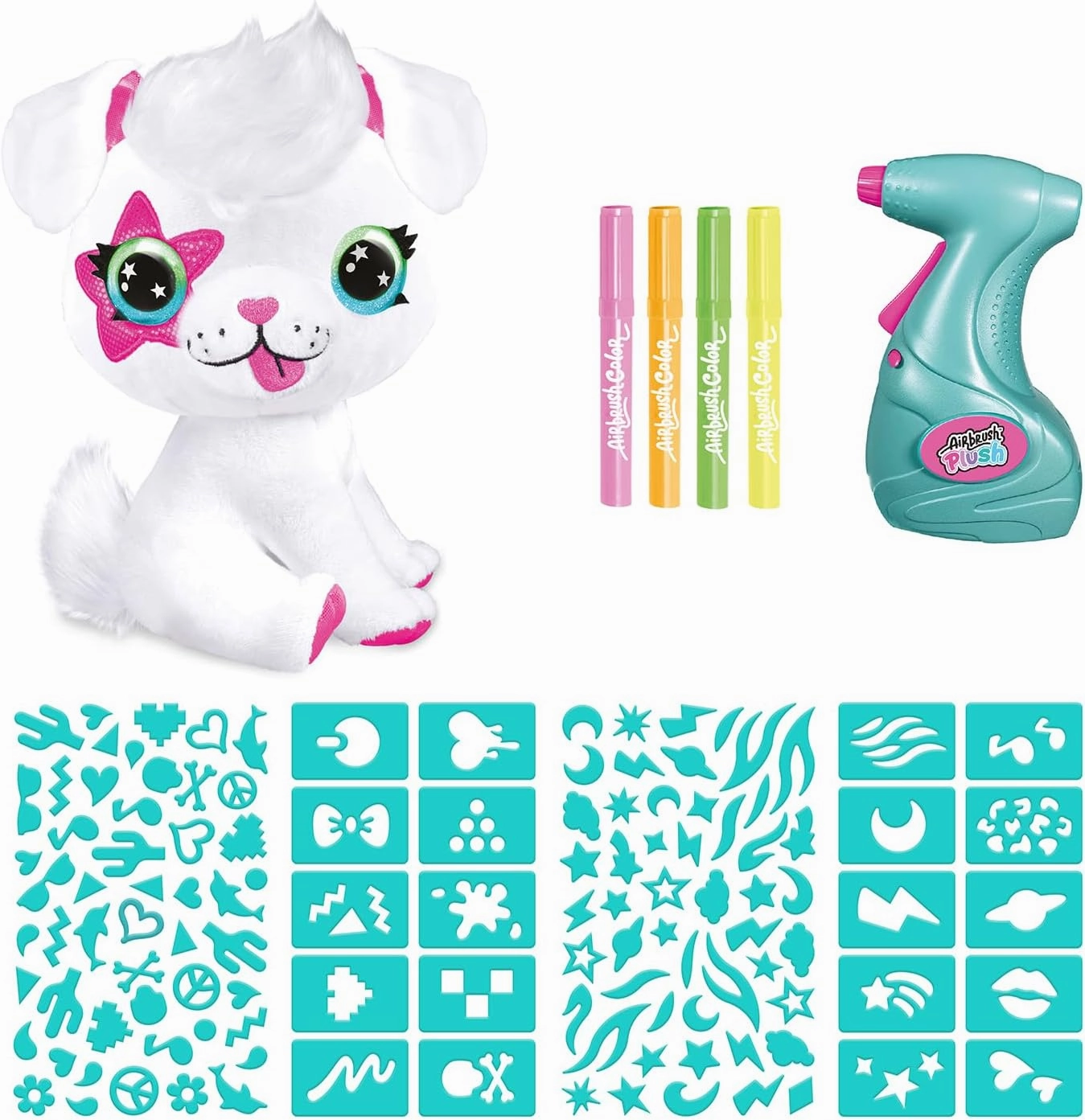 Canal Toys Personalize Airbrush Plush Large Neon Puppy! Decorate, wash, Repeat! Customize Your own Spray Art Plush with Markers, Battery Powered Airbrush and 100  Stencils. Ages 6 