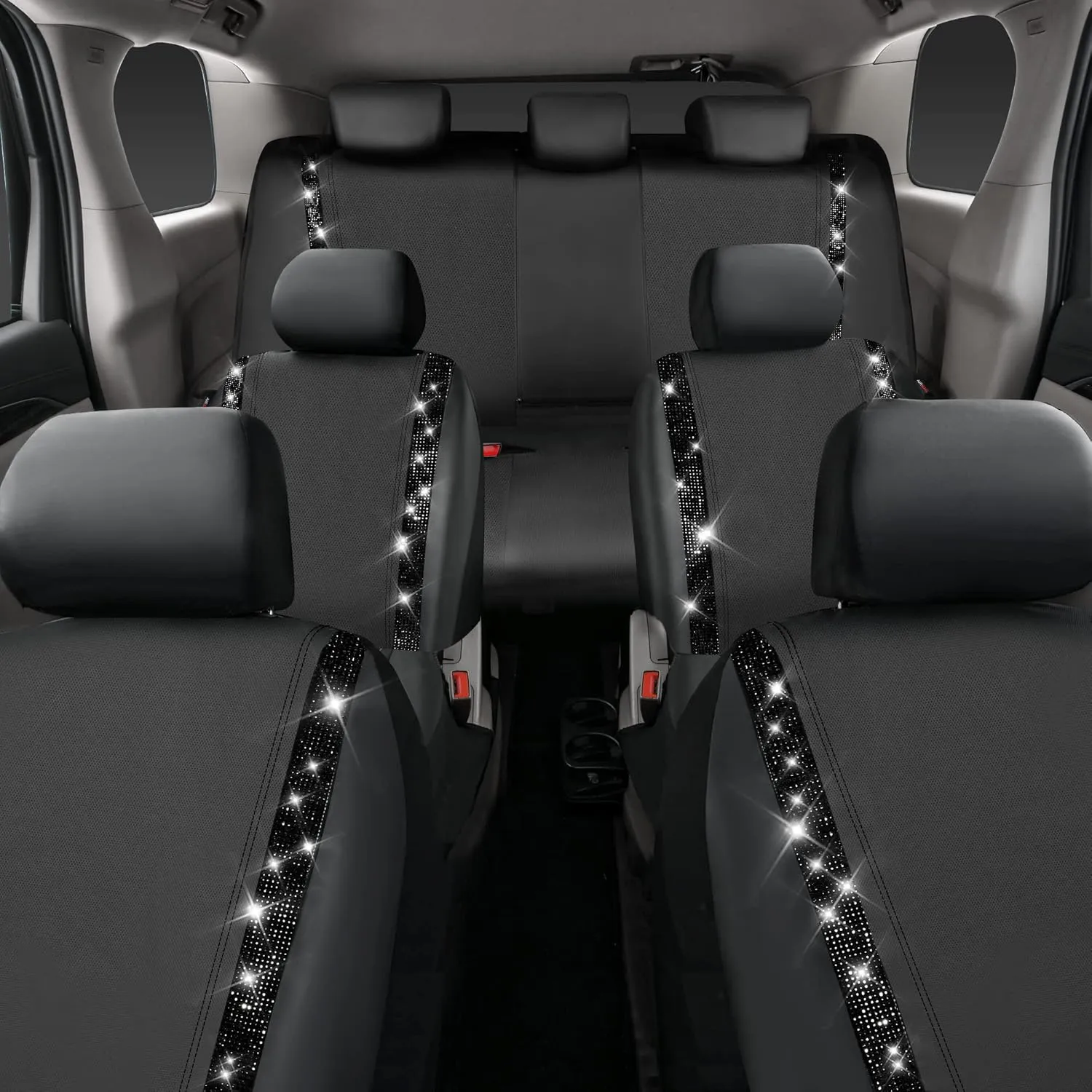 CAR PASS Bling Car Seat Covers, Shining Rhinestones Diamond Waterproof Faux Leather, 7 Seats 3 Rows with Zipper Glitter Crystal Sparkle Strips Universal Fit 95% MPV,SUV,CAR for Women Girl, Black