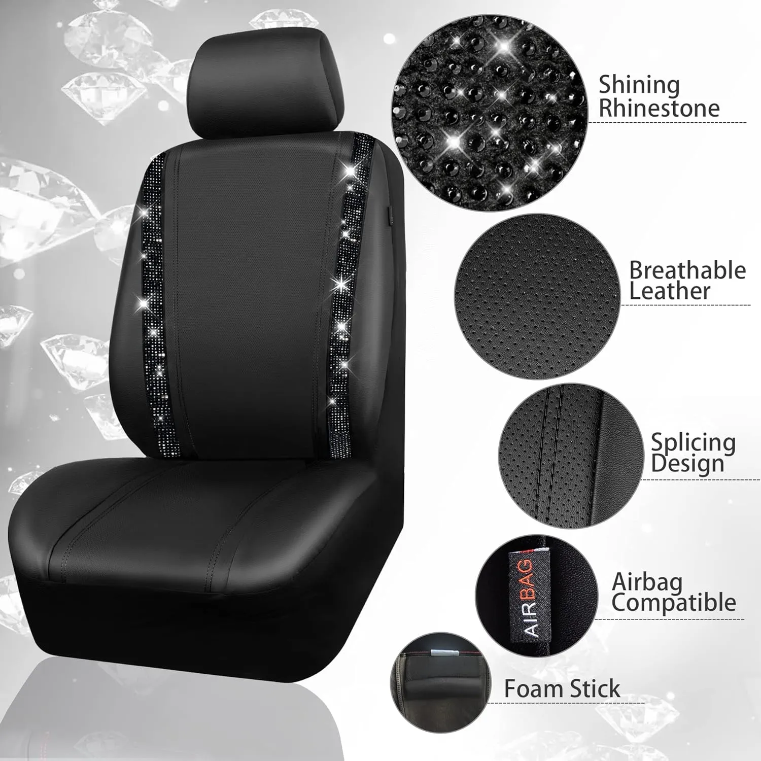 CAR PASS Bling Car Seat Covers, Shining Rhinestones Diamond Waterproof Faux Leather, 7 Seats 3 Rows with Zipper Glitter Crystal Sparkle Strips Universal Fit 95% MPV,SUV,CAR for Women Girl, Black