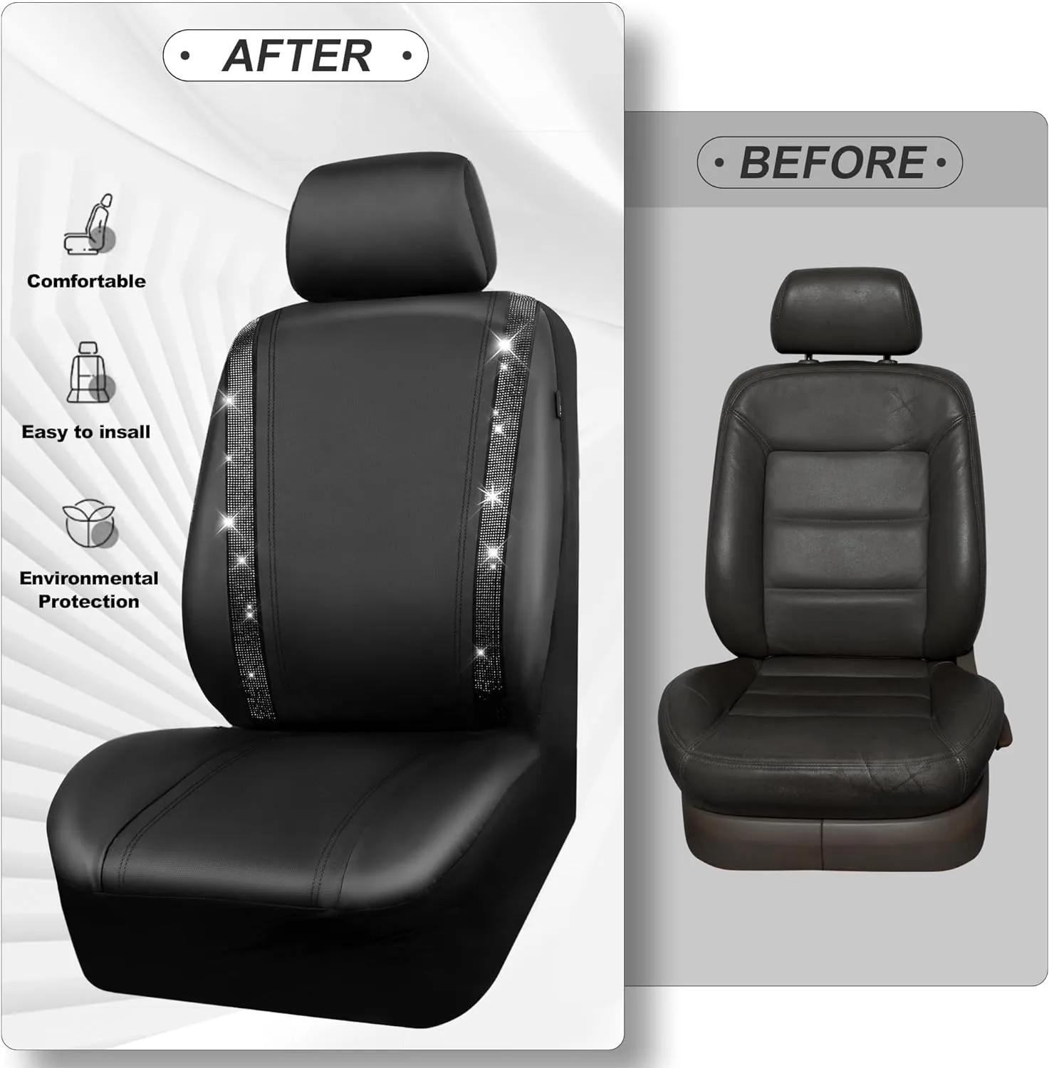 CAR PASS Bling Car Seat Covers, Shining Rhinestones Diamond Waterproof Faux Leather, 7 Seats 3 Rows with Zipper Glitter Crystal Sparkle Strips Universal Fit 95% MPV,SUV,CAR for Women Girl, Black