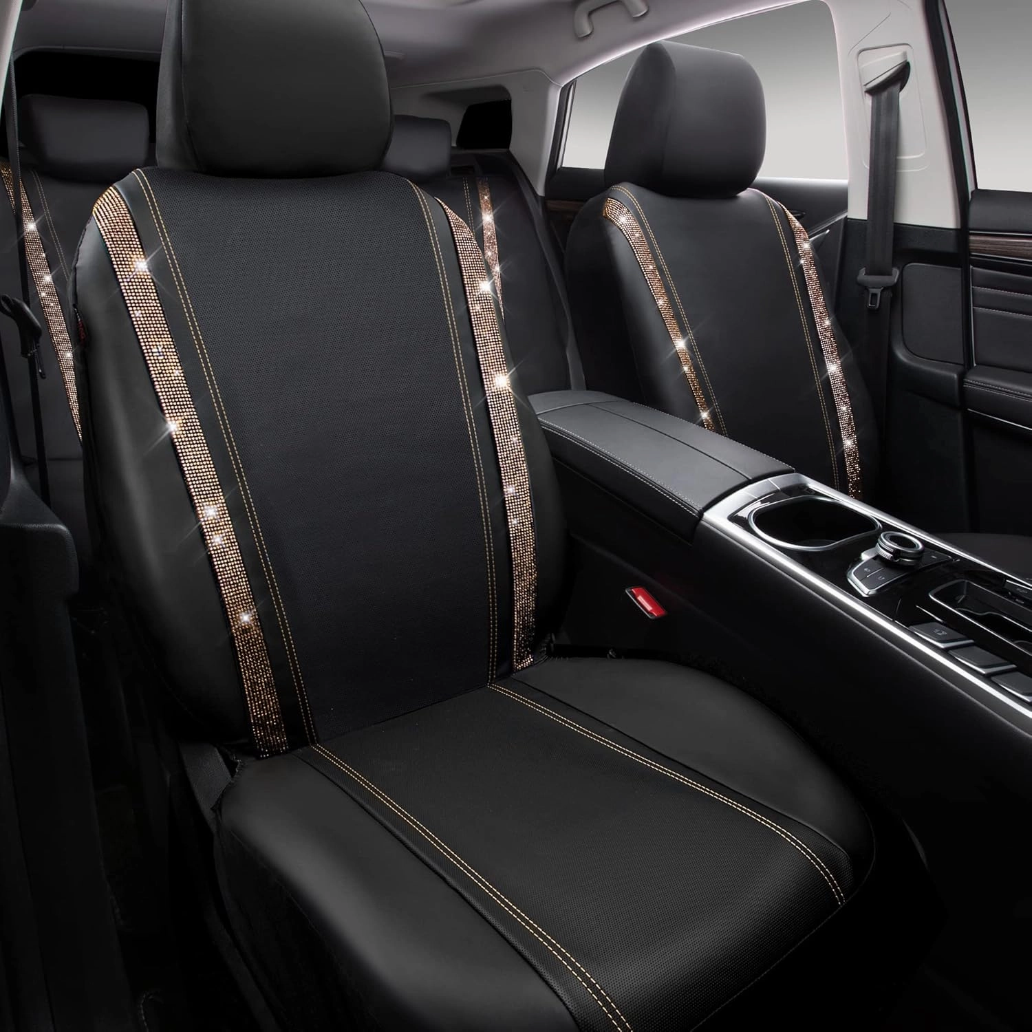 CAR PASS Bling Car Seat Covers Full Sets, Shining Rhinestone Diamond Waterproof Faux Leather, with Zipper, Universal Fit Automotive Glitter Crystal Sparkle Strips Cute Women Girl, Champagne Gold