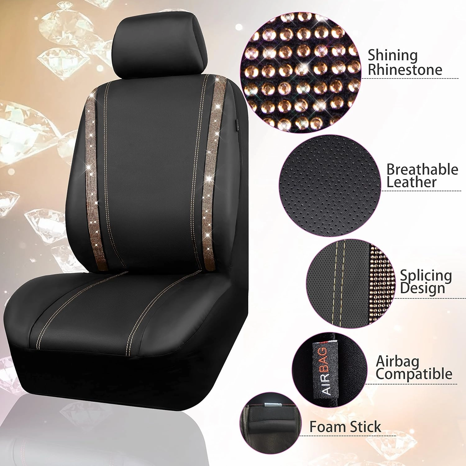CAR PASS Bling Car Seat Covers Full Sets, Shining Rhinestone Diamond Waterproof Faux Leather, with Zipper, Universal Fit Automotive Glitter Crystal Sparkle Strips Cute Women Girl, Champagne Gold