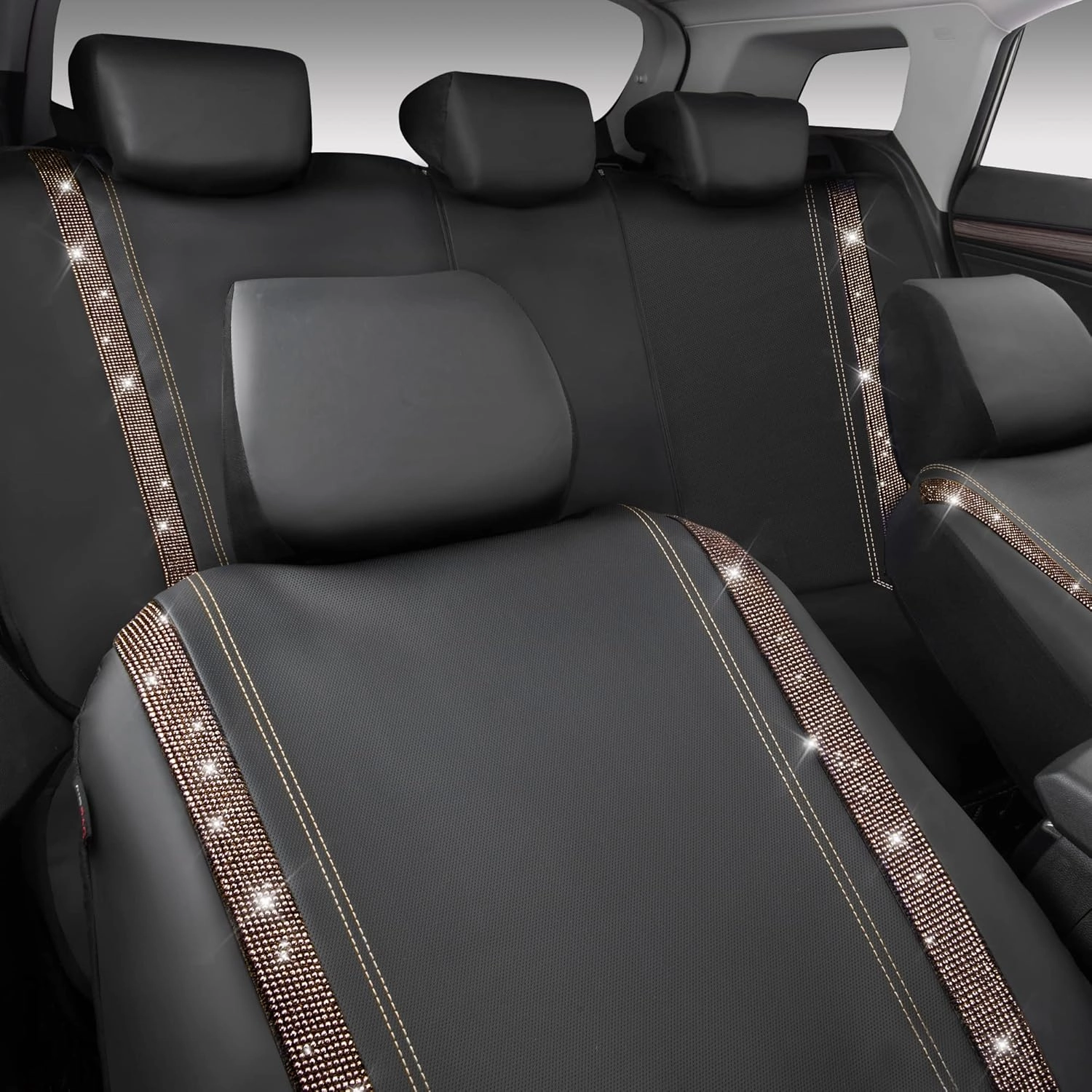 CAR PASS Bling Car Seat Covers Full Sets, Shining Rhinestone Diamond Waterproof Faux Leather, with Zipper, Universal Fit Automotive Glitter Crystal Sparkle Strips Cute Women Girl, Champagne Gold