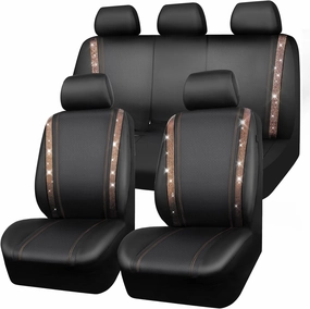 CAR PASS Bling Car Seat Covers Full Sets, Shining Rhinestone Diamond Waterproof Faux Leather, with Zipper, Universal Fit Automotive Glitter Crystal Sparkle Strips Cute Women Girl, Champagne Gold