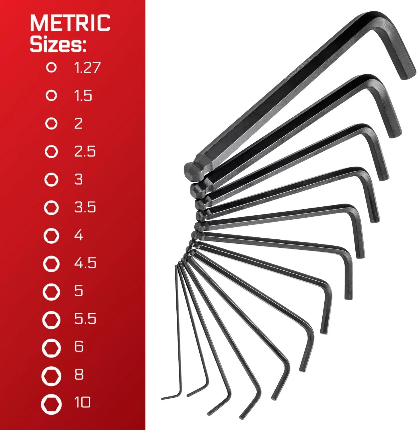 Carbyne 26-Piece Long Arm Ball End Allen Key Wrench Set, Inch/Metric. Includes Metric Hex 1.27mm-10mm, SAE Hex 0.05"-3/8". Heat Treated S2 Steel